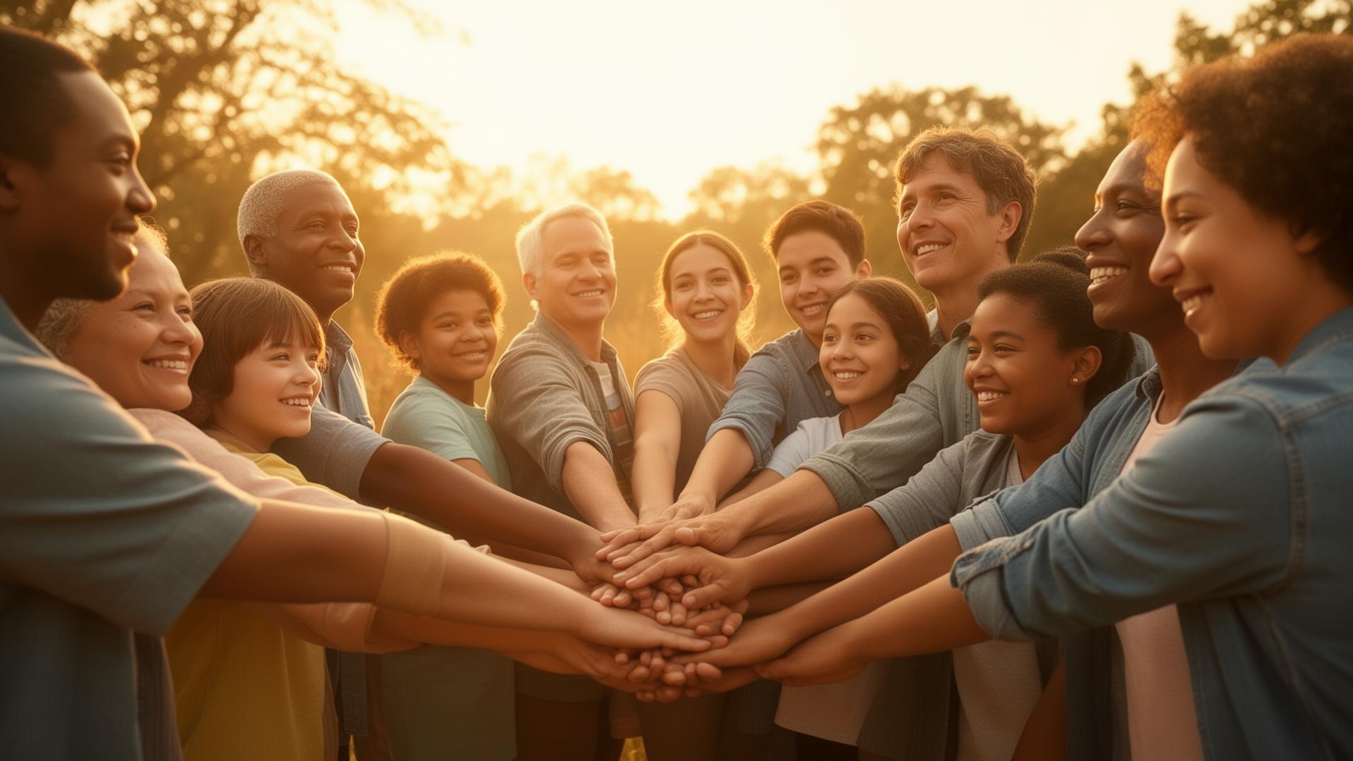 A diverse community joining hands at golden hour